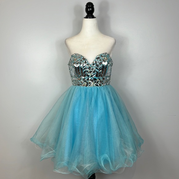 Tony Bowls Aqua Blue Formal Cocktail Prom Graduation Dress Mirrored Appliqué - Picture 4 of 16